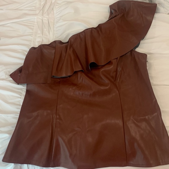 INC International Concepts Tops - INC Brown Faux Leather One shoulder ruffled Top.size L NWT